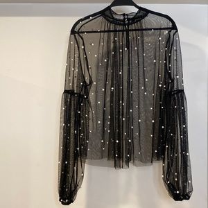 Pearled mesh high neck top